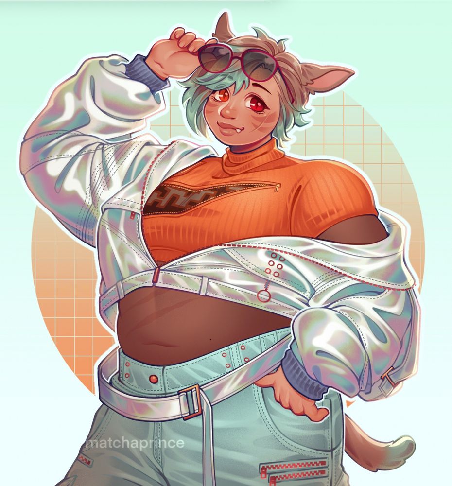 Illustration of a Miqo’te wearing the Critical Hit Tour glams while smiling at the viewer.