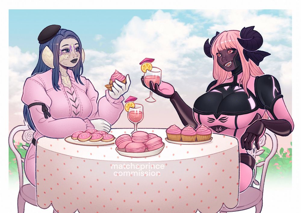 Illustration of two Au ra sitting at a table enjoying lunch with a variety of pink treats.