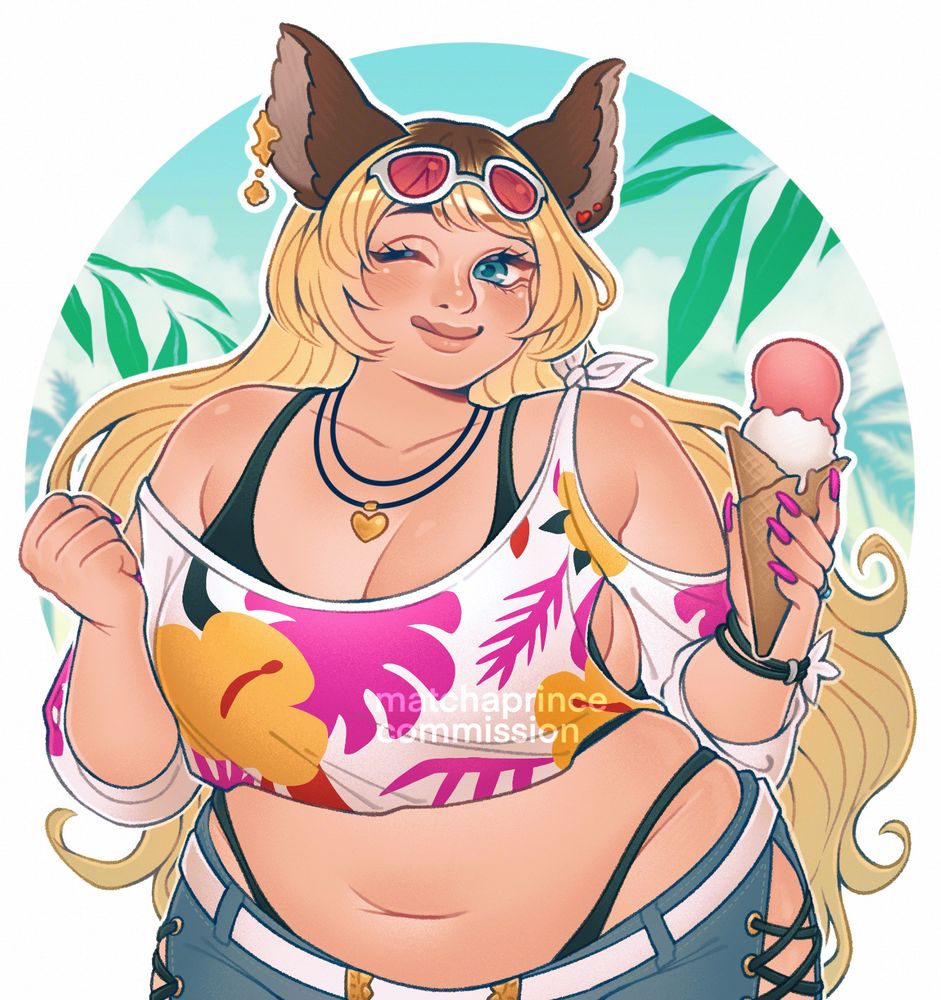 Illustration of Mari from Granblue Fantasy. She is excitedly holding an ice cream while winking at the viewer.