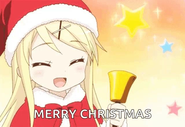 a girl in a santa hat is holding a bell with the words merry christmas written on it