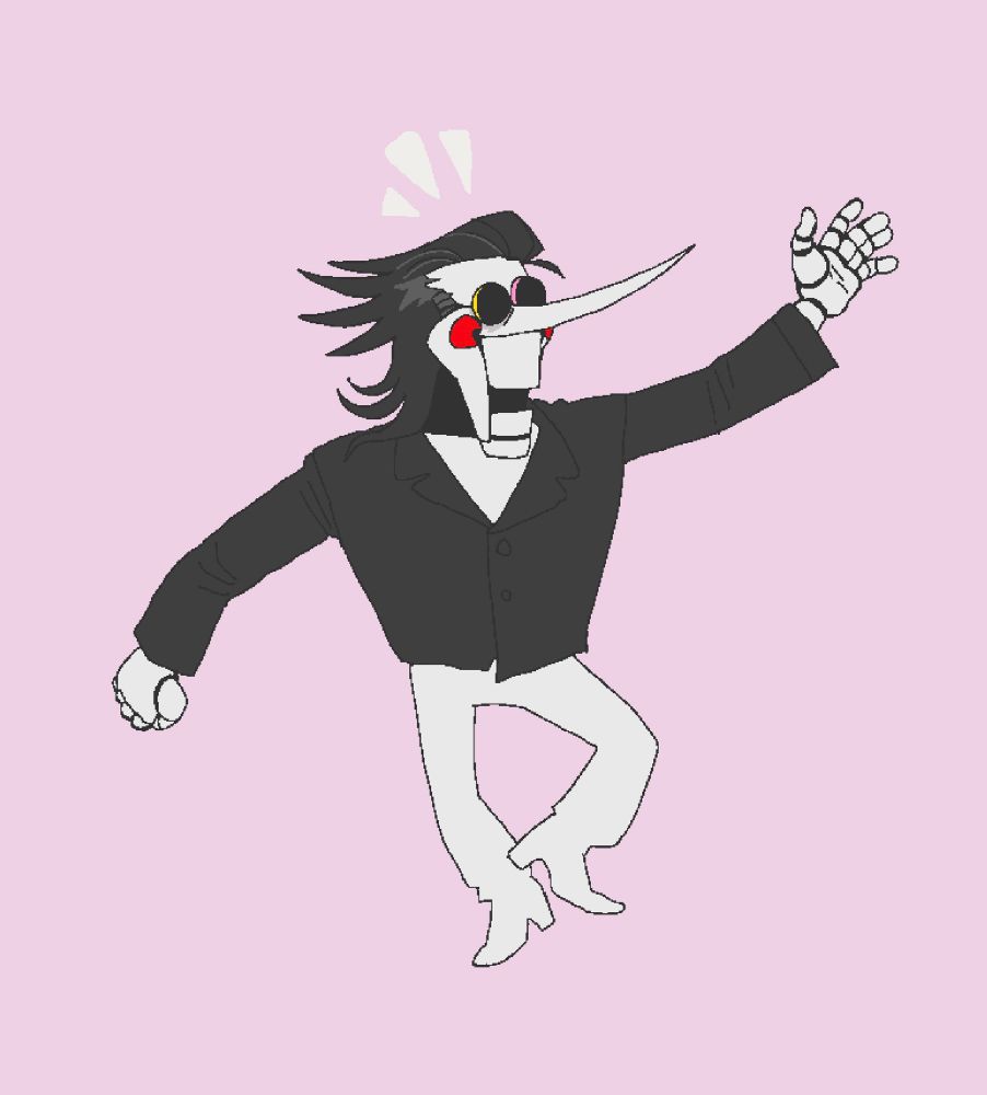 Spamton on a pink background, doing an enthusiastic waving sort of pose, with a bug smile and big pupils that take up most of his glasses lenses