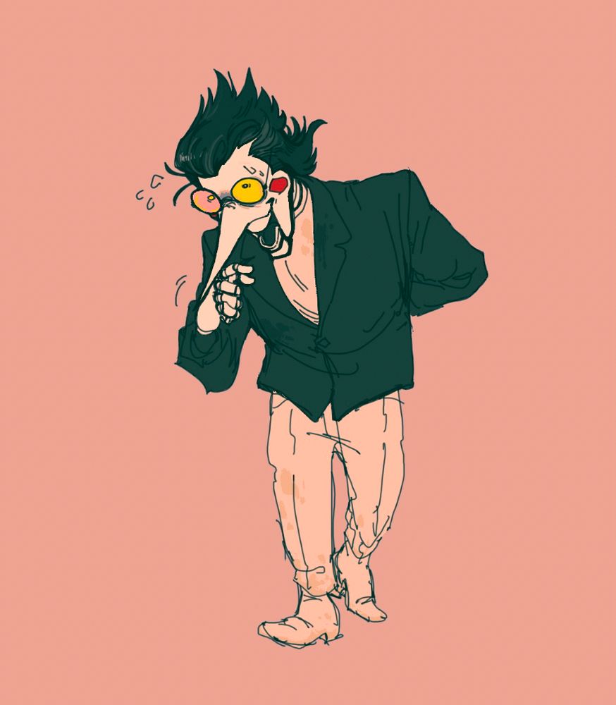 fanart of Spamton from Deltarune. he's shown suspiciously walking toward the viewer and gesturing vaguely with one hand, with the other folded behind his back. he's dressed in a black blazer & a white shirt, with white slacks & shoes. he has some grey in his hair, and the joints in his hand are segmented like a poseable doll's. he looks sweaty and nervous, with unfocused pupils visible through his glasses, and his clothes have unidentifiable stains here and there. the background is a solid, soft pink color.