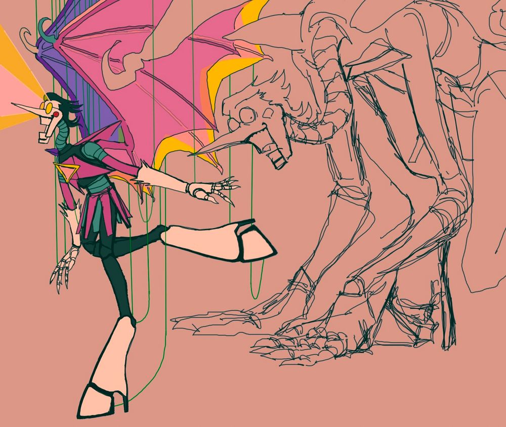 two drawings of Spamton NEO. the one on the left is colored, he’s posed whimsically with one leg sticking out behind him, and dragon-like wings with two sets of webbing each, which overlap with a slight translucency. the lenses of his glasses are shining pink and yellow beams of light. the white high-heeled boots are drawn more like hooves, and his legs are jointed more like a horse. he’s connected to many green wires at various points of his body, some loose and some pulled taut, which extend past the top of the canvas. the drawing on the right is uncolored and very messily drawn — he’s drawn in a more gargoyle-ish position, with gangly arms & legs, a long swan-like robotic neck, and large clawed hands with articulated fingers.