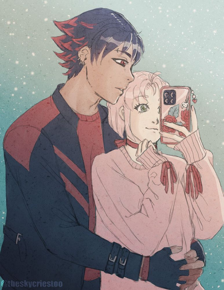 Illustration of human Amy Rose and human Shadow the Hedgehog with Shadow wrapping his arms around Amy from behind while Amy holds up her phone as if taking a picture of the two of them in an offscreen mirror. Shadow is dressed in a black jacket with red accents while Amy wears a loose pink sweater with red bows on the sleeves. Amy's hair is pink and neck-length and her skin is pale. Her eyes are green and she's smiling softly at the phone. Shadow's hair is black with red tips in the back, the back of his hair is spiked and his skin is dark. His eyes are red and he's looking curiously at what Amy is doing.