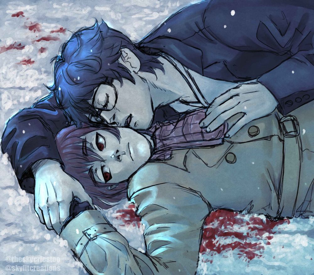 An illustration of Akira and Akechi laying in snow with Akira partially on top of Akechi. Akechi is dressed in his full winter wear with coat and scarf while Akira is wearing his white v-neck shirt with black blazer. The snow has blood leading up to them, with the largest stain being underneath Akechi. Akechi is giving an empty stare at something off-screen, no shine in his eyes. Akira is pressing his face against Akechi's cheek with one hand holding one of Akechi's own above their heads and one hand pressed against Akechi's chest. His eyes are closed, and there is a sense of longing in his expression.