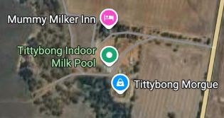 google maps showing the various facilities of Tittybong, viz. the Mummy Milker Inn, the Tittybong Indoor Milk Pool, and Tittybong Morgue