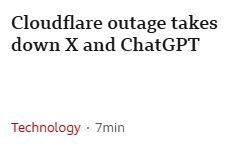 snip from bbc news website with headline: "Cloudflare outage takes down X and ChatGPT"