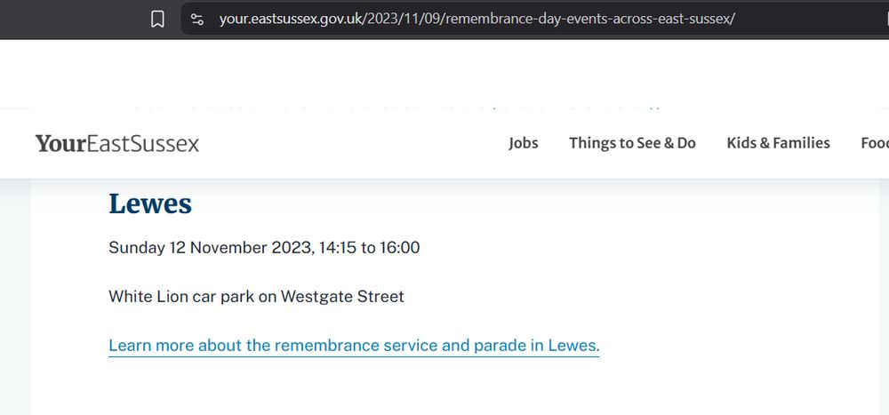 screebgrab of eastbourne council website showing that the remembrance sunday parade in lewes in 2023 was in the afternoon