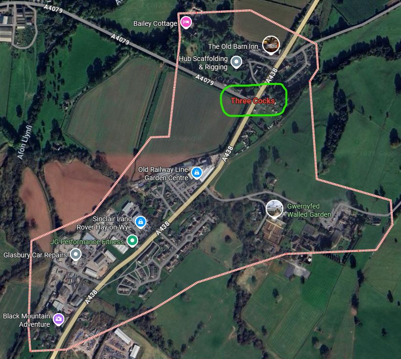 google maps extract featuring the village of Three Cocks