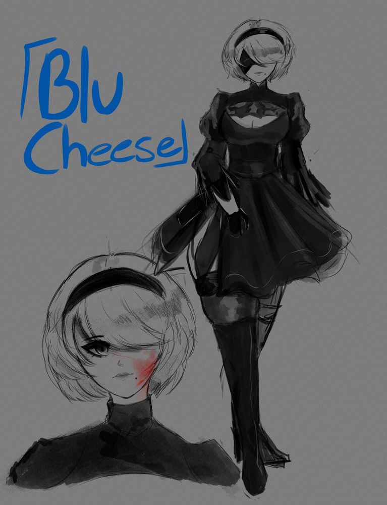 Two black and white sketches of NieR:Automata character No.2 Model B. One depicts the character’s head, while the other captures a full-body view. 