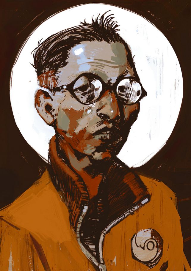 Digital illustration of a middle-aged man with thinning dark hair and a gloomy expression, wearing thick, round glasses, and an orange jacket. A circle in the backdrop frames his head like a halo.