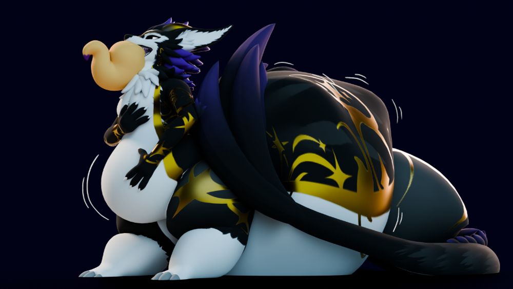 Lee, the taur dragon, swallowing someone whole. It's vore. There are several bulges along his stomachs. 