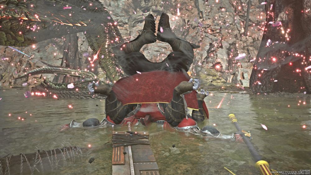 Gilgamesh (Final Fantasy VII Rebirth) with his head in the swamp shortly after being summoned to fight against Midgarsormr