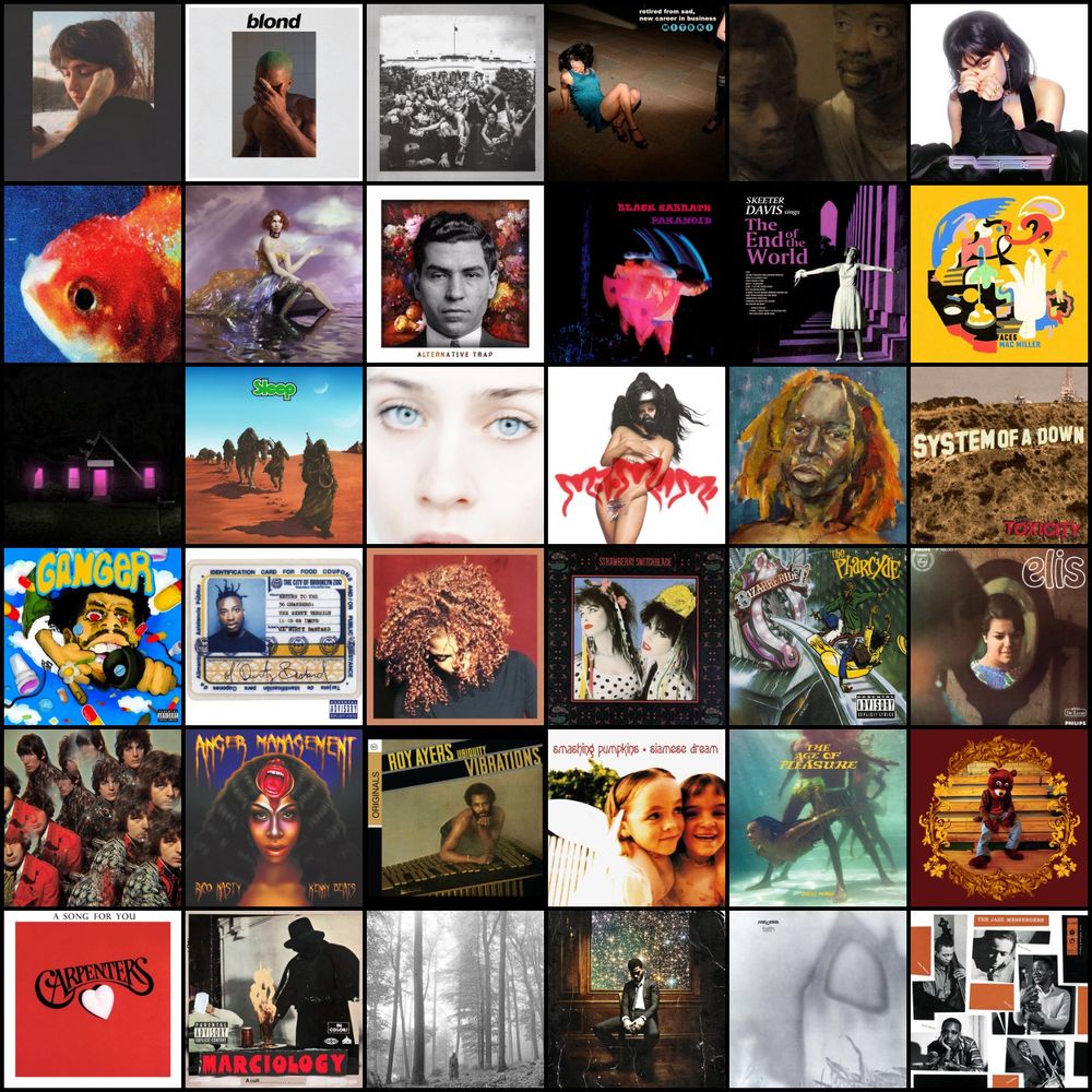a 6 by 6 chart of my favourite albums, titles are provided on the next slide