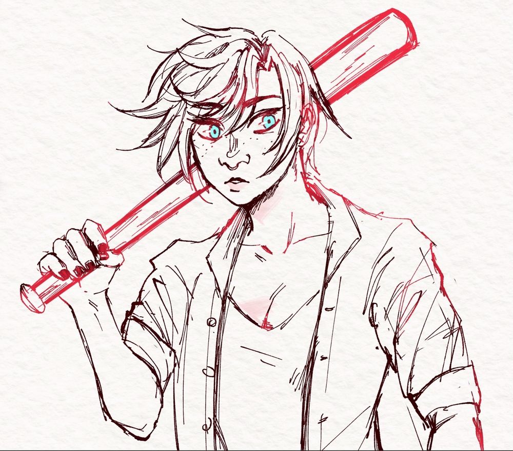 a human december holiday holding up a bat. she is wearing a flannel with rolled up sleeves and a tank top underneath. she stares at the viewer with intense cyan eyes.