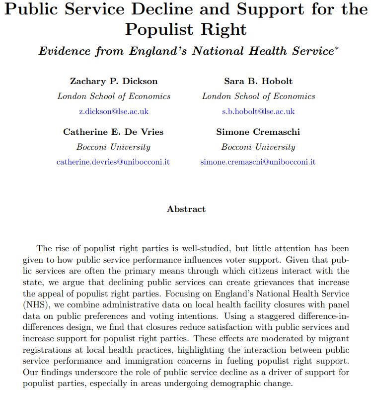 Abstract
The rise of populist right parties is well-studied, but little attention has been
given to how public service performance influences voter support. Given that public services are often the primary means through which citizens interact with the
state, we argue that declining public services can create grievances that increase
the appeal of populist right parties. Focusing on England’s National Health Service
(NHS), we combine administrative data on local health facility closures with panel
data on public preferences and voting intentions. Using a staggered difference-indifferences design, we find that closures reduce satisfaction with public services and
increase support for populist right parties. These effects are moderated by migrant
registrations at local health practices, highlighting the interaction between public
service performance and immigration concerns in fueling populist right support.
Our findings underscore the role of public service decline as a driver of support for
populist parties, especially in areas undergoing demographic change.
