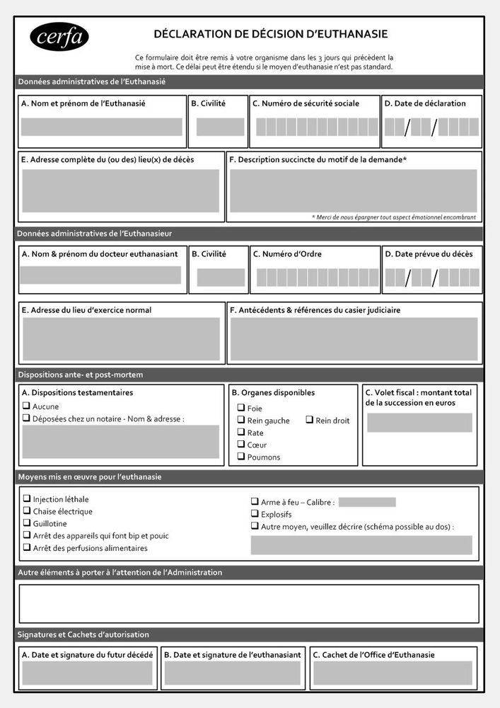 Faux formulaire de "déclaration d'euthanasie"