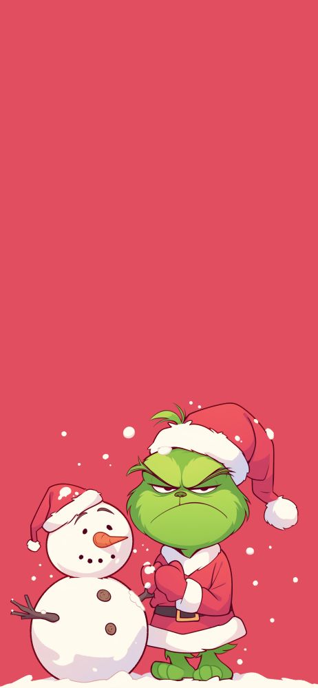 A green grinch in santa's outfit looking mad at the snowman 