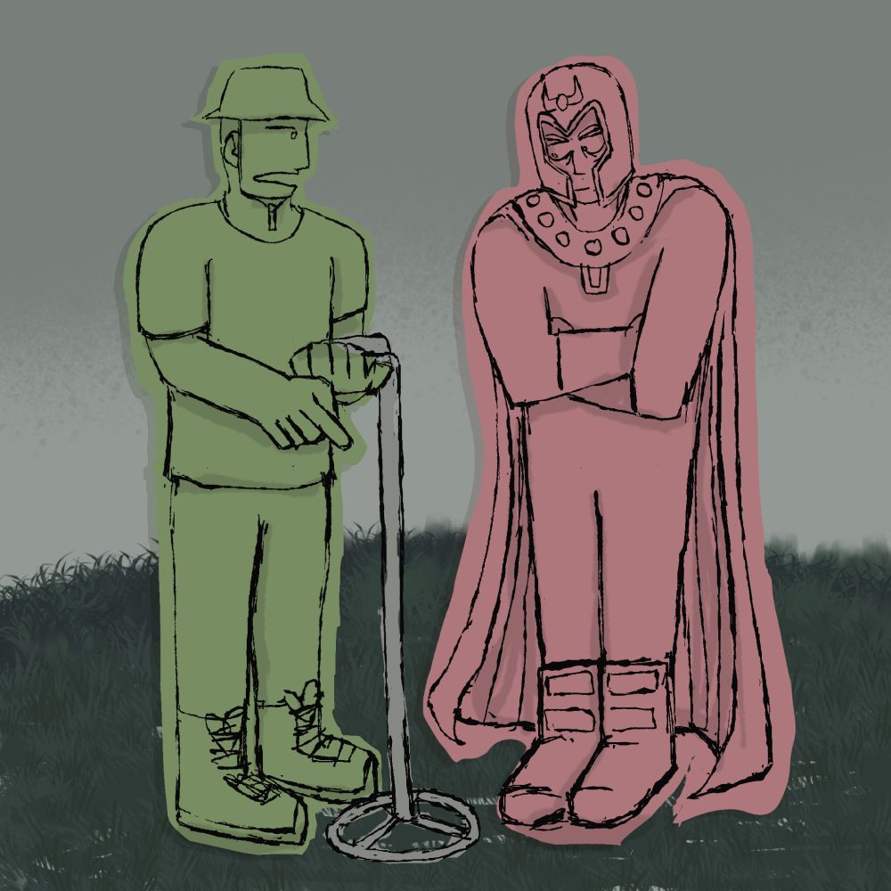 GreatZott explains his metal detector to Magneto who is actively listening as the two of them stand in a field.