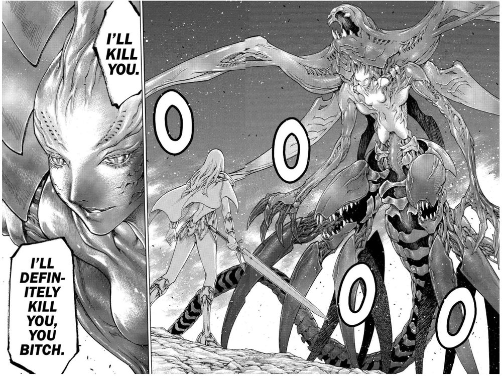 A panel from the Claymore manga depicting a grotesque monster lady. 