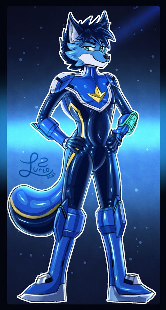 a piece of art drawn by @lurio.bsky.social where my fursona is wearing a costume of star force megaman from the game megaman star force. the skin tight parts of the costume is made of rubber