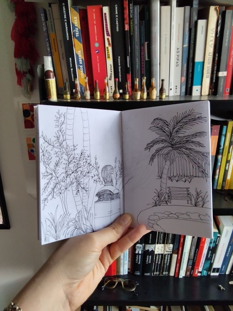 desenho inacabado de uma praça com uma estátua de costas, uma fonte, uma banquinho, várias árvores 