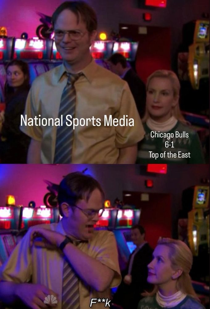 Dwight from the office shocked by the presence of Angela with the text “National Sports Media” over Dwight and “Chicago Bulls 6-1 Top of the East” over Angela. 