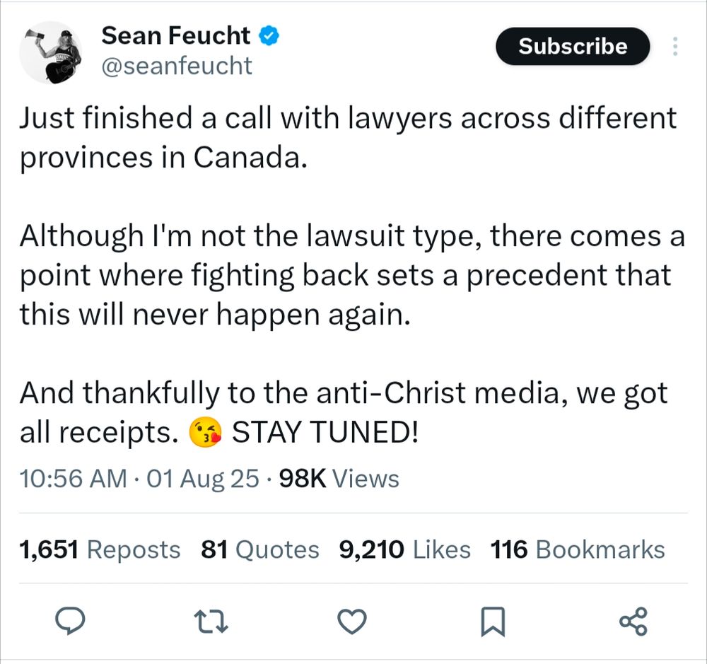 Just finished a call with lawyers across different provinces in Canada. 

Although I'm not the lawsuit type, there comes a point where fighting back sets a precedent that this will never happen again. 

And thankfully to the anti-Christ media, we got all receipts. 😘 STAY TUNED!