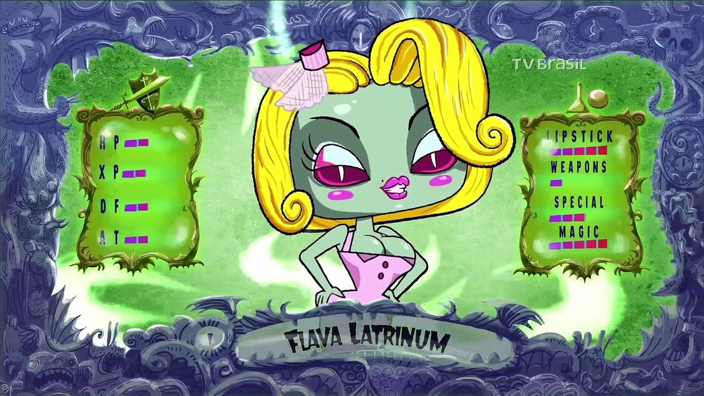 Brazilian adaptation of Bloody Mary 'Loira do Banheiro' from Historietas Assombradas. She has blonde hair, green skin, exaggerated features, and bright pink eyes. She is wearing a pink dress with a deep neckline. The image has her real name "Flava Latrinum" written in the bottom