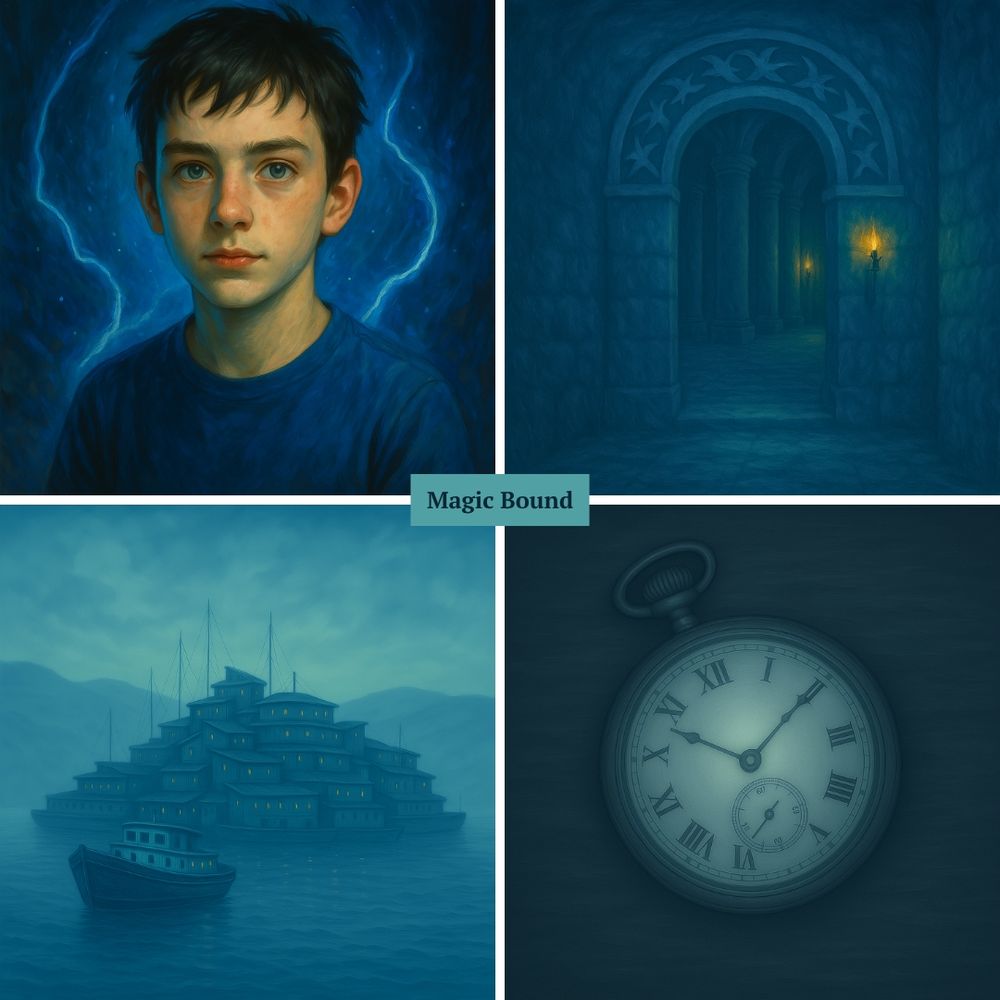 moodboard for Magic Bound by Fi Phillips 13 year old Steve Haven head and shoulders sketch a stone archway leading to a temple a landscape of a settlement created from joined together boats on water an old fob watch