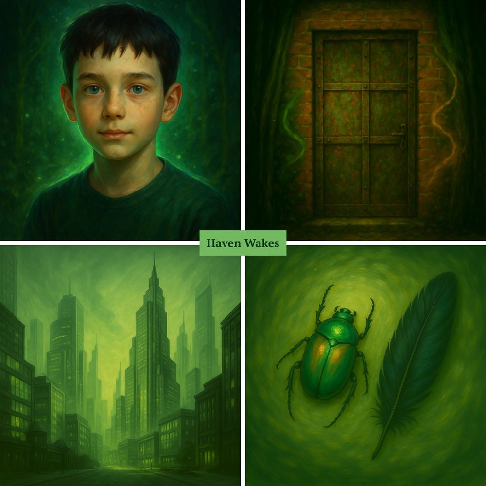 moodboard for Haven Wakes by Fi Phillips 12 year old Steve Haven head and shoulders sketch an old rusty door a futuristic city scape a scarab and a black feather