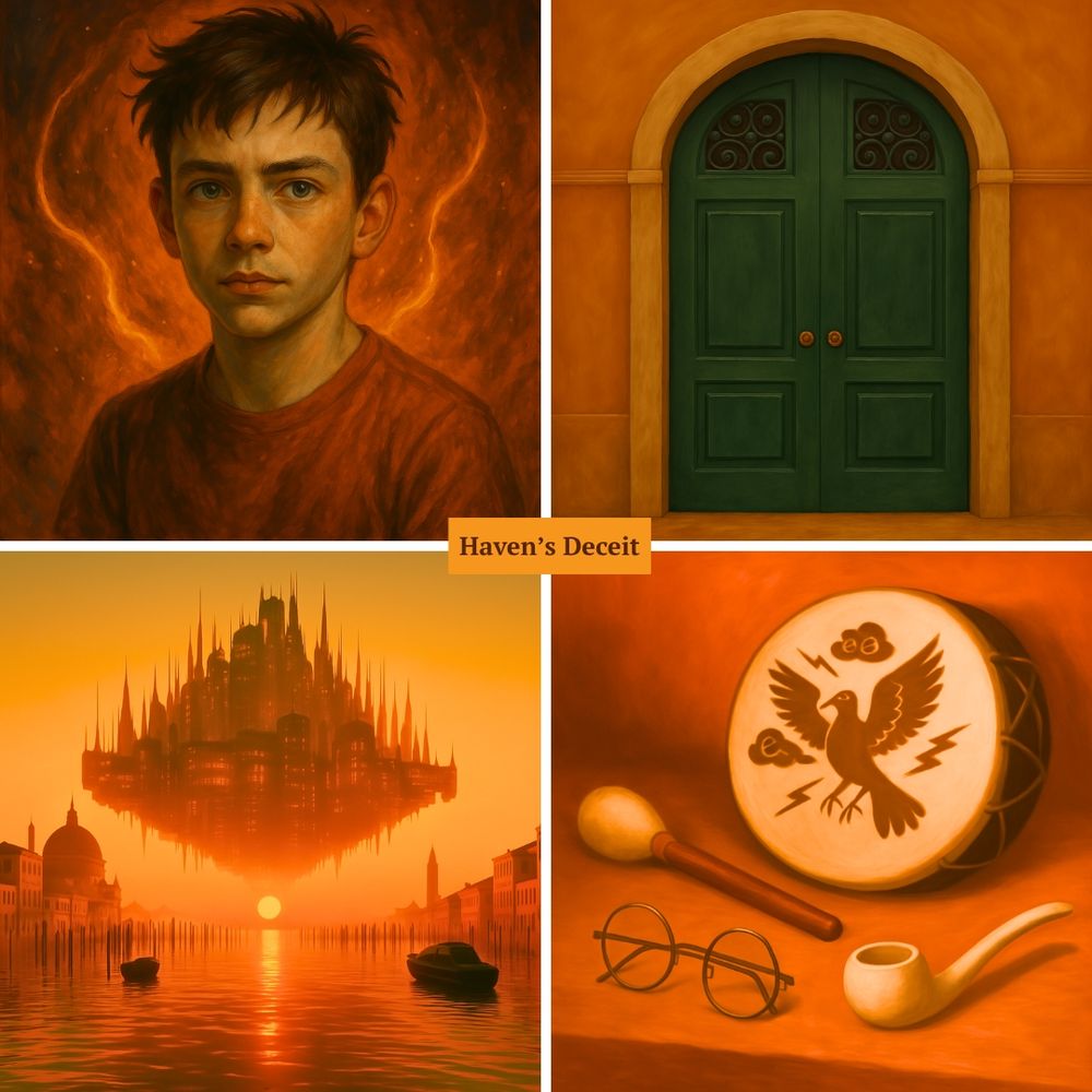 moodboard for Haven's Deceit by Fi Phillips 13 year old Steve Haven head and shoulders sketch an ornate Venetian doorway a floating futuristic city above Venice a hand drum beater glasses and pipe