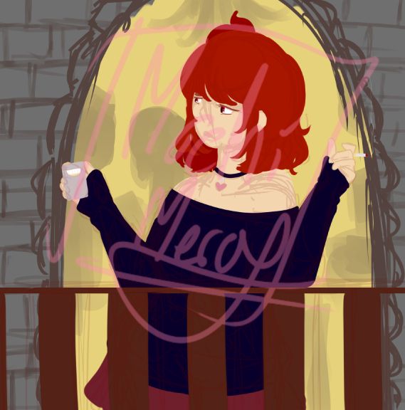 A red haired person looks to the side, cigarette box in one hands and a cigarette in  the other, as they slightly lean onto a balcony's fencing.