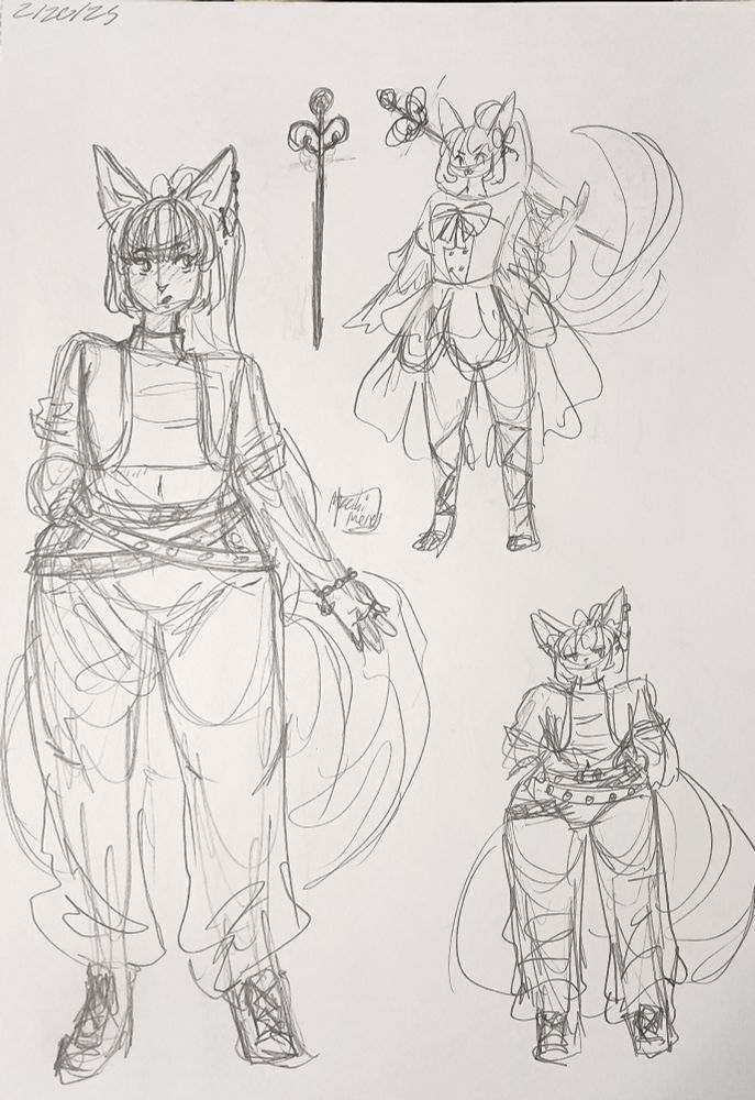 On the left is a full-body sketch of Nekomura, one hand on her hip and the other lifted slightly away from her body. She has long cat ears and a very fluffy tail. Her hair is tied slightly to the side in a ponytail with a little bow on top. Her right ear is pierced twice, connected with a chain. She wears a short shrug jacket, crop top, baggy pants with three belts, two of which are sideways, and tied boots. Her right hand has a bracelet and a few rings. Top right: A mini sketch of her magical girl outfit. A straight neck line with a big bow, button details, and detached sleeves. Her skirt is layered and longer in the back, styled to look like a flower. Next to her is a pin needle, with a decorative handle that appears like angel wings or a heart with a ball on the top. Bottom right: The same outfit as the left but in a different pose. Both hands rest on her hips as she slightly leans forward.