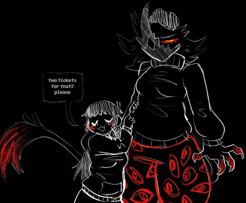 folly looking unamused while my persona clings to her side saying "two tickets for fnaf2 please"