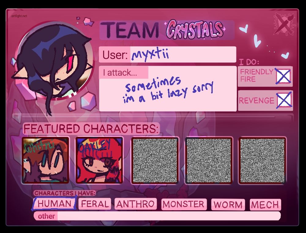 art fight card for me, i am on team crystals and have two of my characters on the card, whitni, and oakley