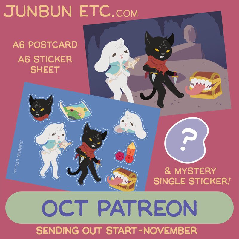 The graphic shows the Mimic Dungeon postcard print and sticker sheet illustration set, depicting JunBun - the white rabbit mascot - as a fantasy medieval Dungeons and Dragons-style cleric with a little teal capelet holding a mace, staying back behind MaxCat - the black cat mascot - as a rogue-thief dual-wielding daggers, wearing a ratty rust-red scarf. They are up against a dangerous and kinda cute-looking mimic, a treasure chest with giant teeth and tongue. In the postcard, this TTRPG-esque encounter is happening in a deep cave with a winding path. On the sticker sheet besides them, other TTRPG-themed stickers included are a grid map with character tokens, and a stack of 4 dice - d20, d4, d12 and d6.