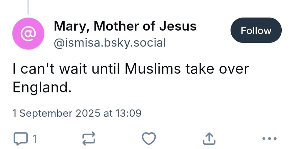 @ Mary, Mother of Jesus @ismisa.bsky.social Follow I can't wait until Muslims take over England. 1 September 2025 at 13:09 1 ...