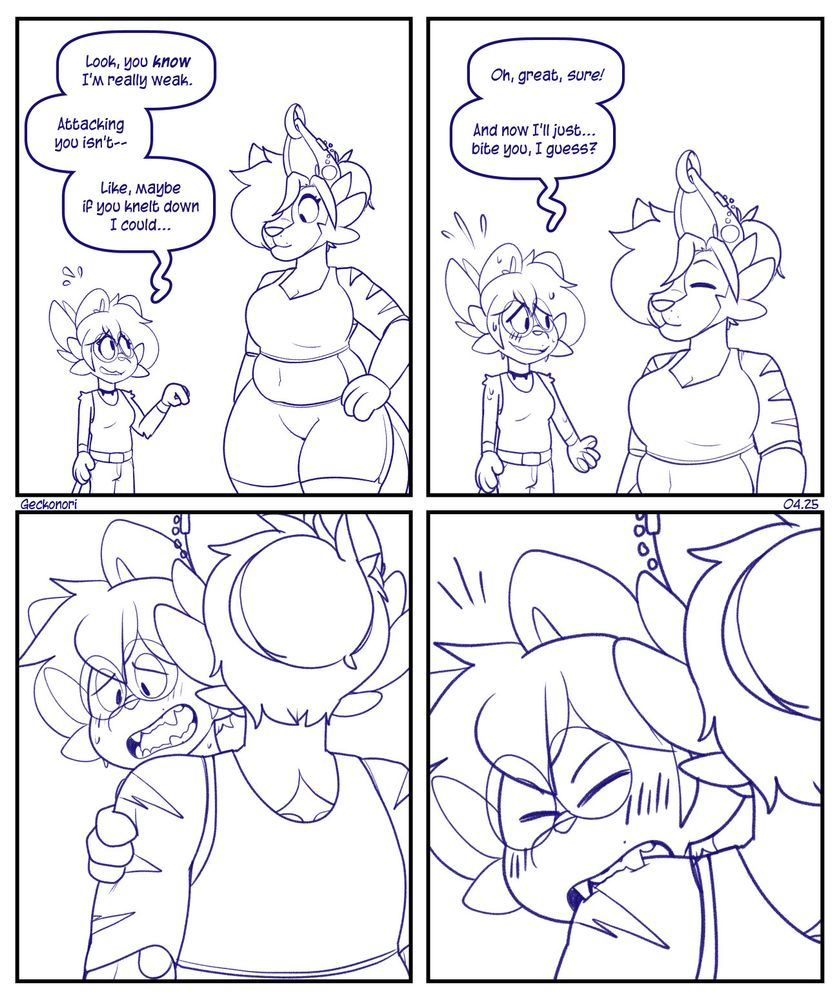 4-panel comic (part 1)

Panel 1: Caveat is smiling eagerly with one hand on her hip. She is looking down at Simone expectantly. Simone appears very nervous as she tries to reason with Caveat, "Look, you know I'm really weak. Attacking you isn't-- Like, maybe if you knelt down I could..."

Panel 2: Caveat wears a pleasant smile as she kneels in front of Simone, putting them almost at eye-level. Simone is blushing and sweating at this progression, "Oh, great, sure! And now I'll just... bite you, I guess?"

Panel 3: Simone grips Caveat's arm and opens her mouth wide. The Shinx looks incredibly nervous as she leans in to bite.

Panel 4: Simone closes her eyes as she sinks her small fangs into Caveat's shoulder.