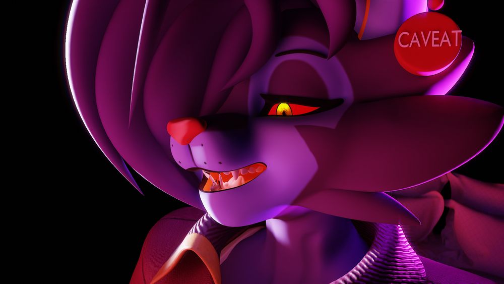3D render of a tiny, bite-sized Silver inside Caveat's mouth. Silver is using her hands to try and keep Caveat's jaws from closing.