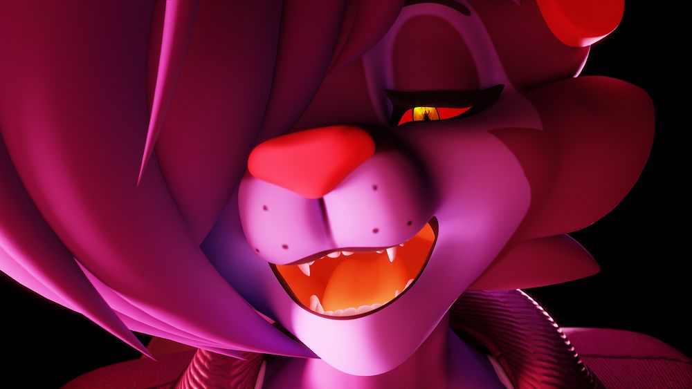 3D render of Caveat opening her mouth to the viewer. She seems to be saying "All gone!" while she wears a confident, pleased expression.