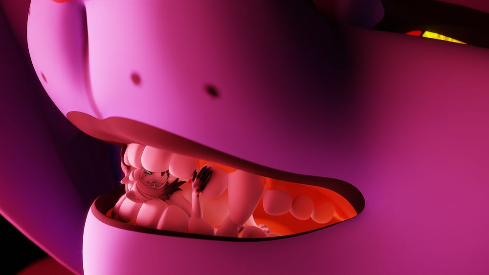 3D render of Caveat closing her mouth with Silver trapped inside. There's almost no room for escape, but Silver is still trying futilely to break free.