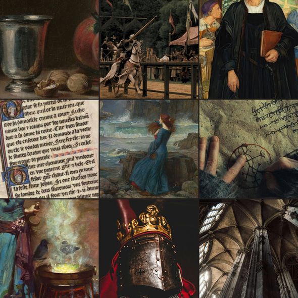 A 9-grid moodboard giving the impression of gothic medieval moodiness with photos and classical art. A silver goblet, a knight in a joust, a man with a book in dark robes, an illuminated manuscript, a woman with windswept red hair staring out at the sea, an arcane sigil, a woman with a sickle standing over a glowing cauldron, a king's helmet, arched gothic architecture.