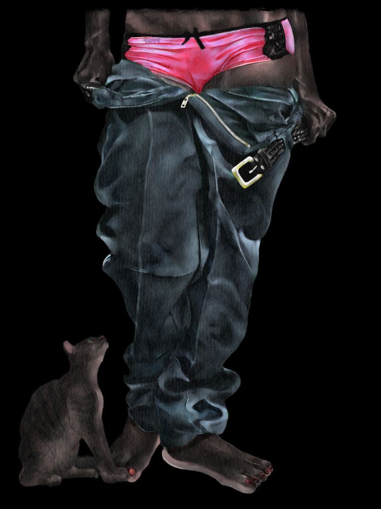 Dark skinned Black woman taking off her pants as her cat looks up at her. 