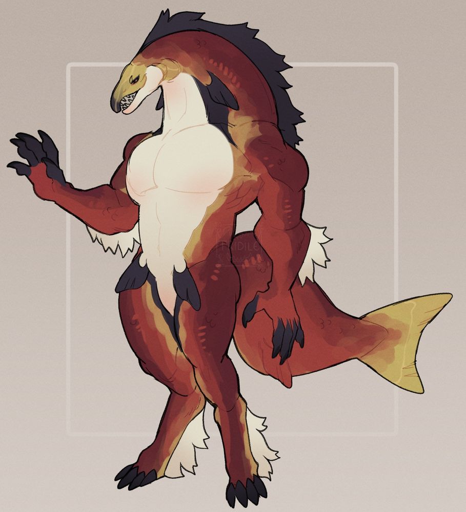 A digital reference of a large, anthro salmon character.