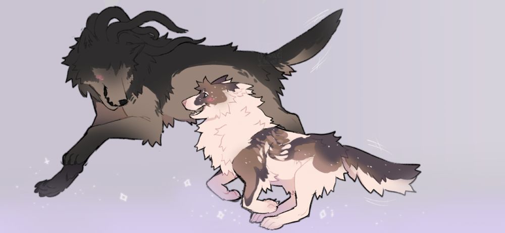 A digital drawing of two wolf characters. The characters are alternate versions of ottermeal's sona, Cody, and my own sona, Valsam.