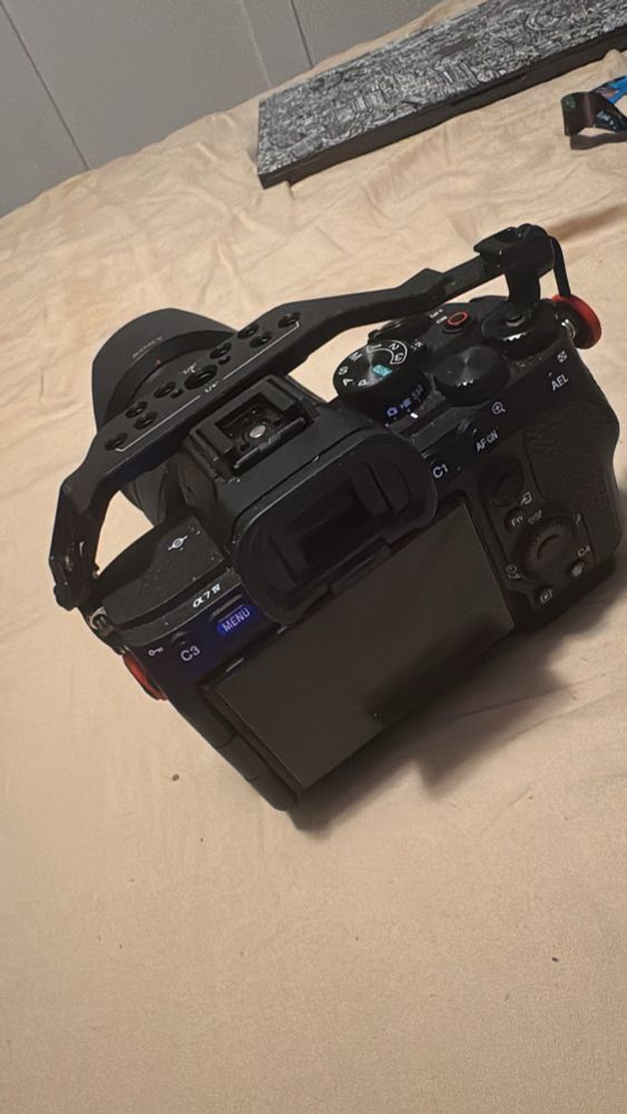 Sony camera on a beige sheet