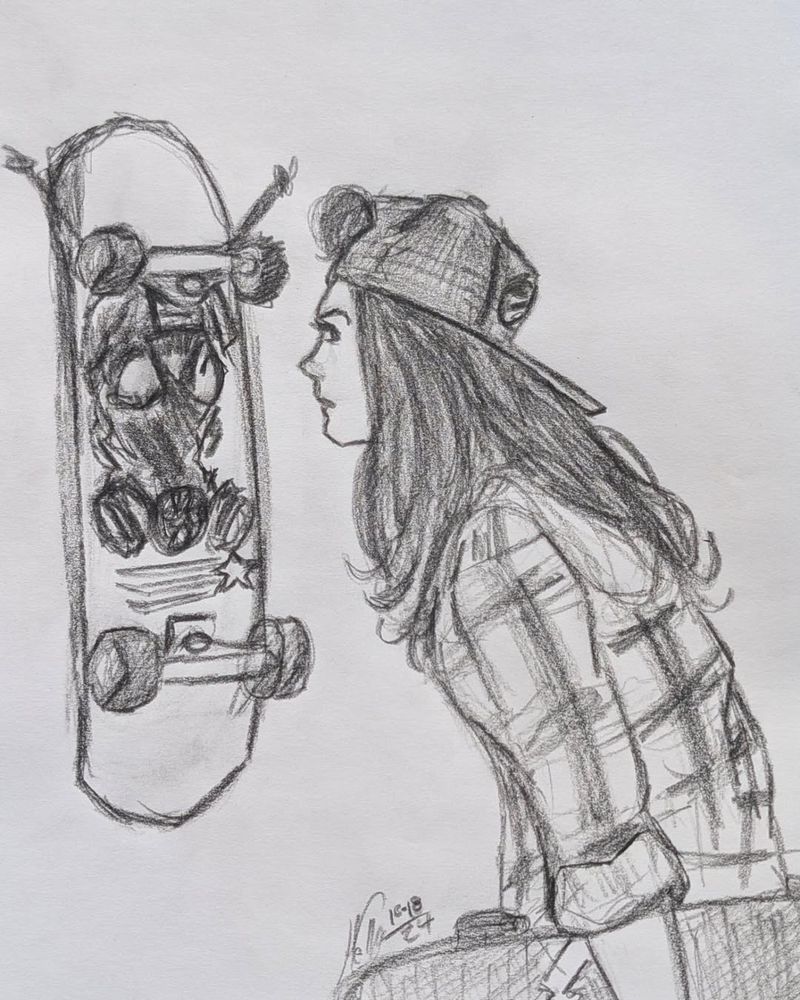 HB pencil sketch of a young woman in a baseball hat and flannel shirt holding a skateboard, looking at a skateboard hung on a wall. The skateboard has a gas mask on the graphic.