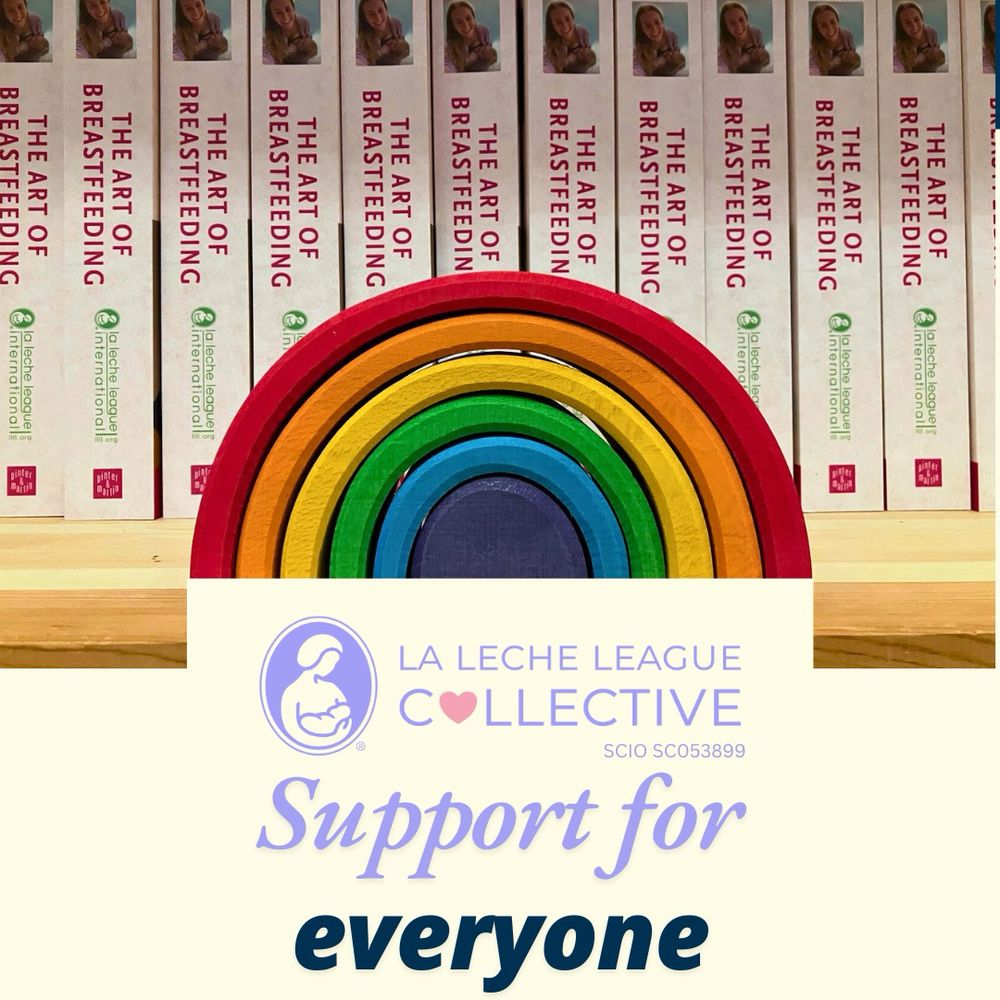 Photo of line of identical books with title 'The Art of Breastfeeding' and LLLI logo on the spine. Wooden rainbow placed in front of the books. LLL Collective logo, text reads 'Support for everyone'