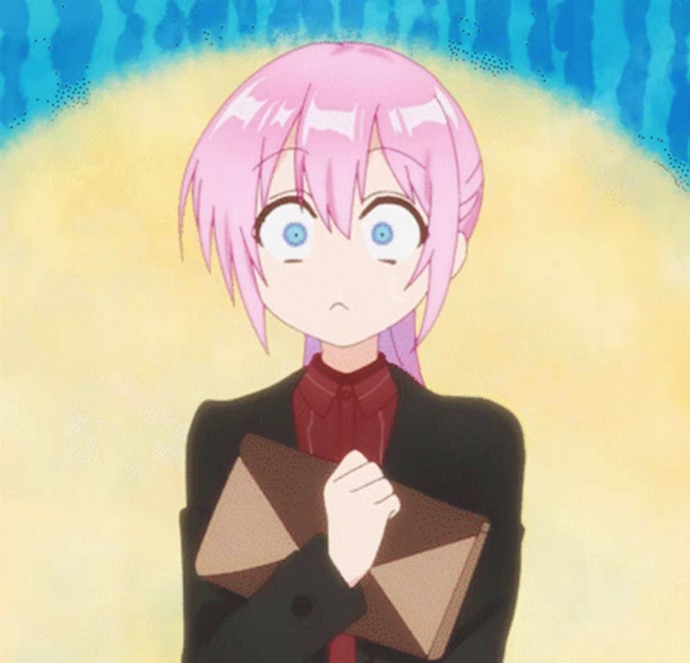 a girl with pink hair and blue eyes is wearing a suit